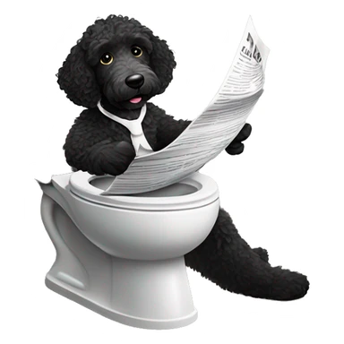 Emoji of a black Labradoodle with white spots on its chin and chest, sitting on a toilet, holding a newspaper in its front paws, looking relaxed and playful sticker