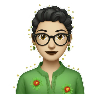 White girl in a green kurta with flower design, glasses, alot of piercing, gay, red lips, nose ring, full body, short straight black edgar hair, sticker