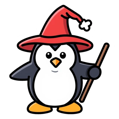 wizard penguin wearing a pointy wizard hat and holding a magic wand sticker