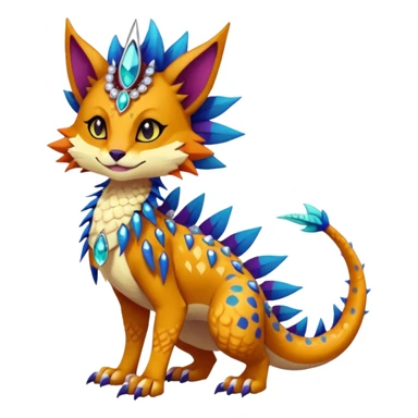 Kawaii cute dark deep colorful warm-colored exotic tropical beautiful pretty elegant divine edgy feline-vernid-sergal-Fakémon-Pokémon-fursona-animal-creature with accessories, jewelries, full body, with intricate detailed markings, spikes, crystals, fins, scales, headdress sticker
