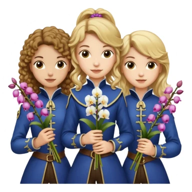 3 female musketeers, oneceith brown curly hair, one with straight blond hair, one eith blond hair on pony tail, all holding orchids sticker