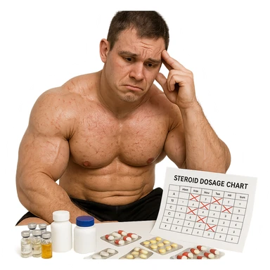 realistic beginner bodybuilder with swollen muscles but marked skin, surrounded by various drugs, dosage chart with errors, regretful expression, white background, 4K quality sticker