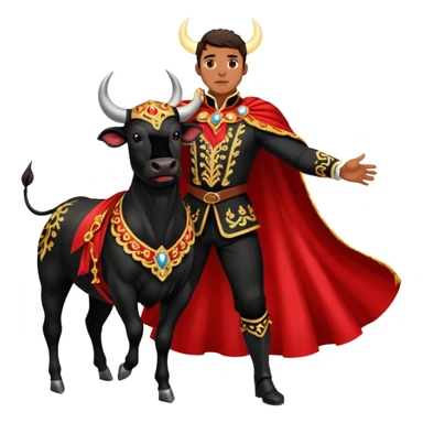 Create a realistic image of a traditional bullfighting scene in a Spanish arena.
Show a bullfighter (matador) HOLDING a red cape (muleta) not wearing one. as a powerful black bull charges toward it. NOT riding the bull. sticker