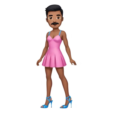 Man in a pink mini dress and blue strappy high heels with black hair and black mustache and brown skin sticker