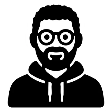 Make the icon look like the person in the reference photo: round glasses, short curly dark hair, full dark beard, olive hoodie, friendly expression in solid black icon style. Keep transparent background. sticker