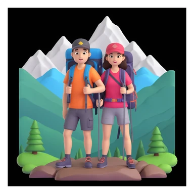back packer couple posing, mountains in background,   close up pose sticker