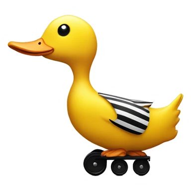 Big Yellow Duck with vertical black stripes on wooden wheels like from the book janosh. Point of view from the side 90 degrees sticker