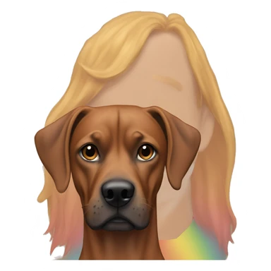 white male with long rainbow colored hair alongside a brown rhodesian ridgeback sticker
