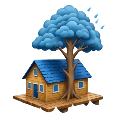 showing a flood disaster scene with powerful blue water waves carrying floating tree branches and wood pieces, small houses partially submerged, dark storm clouds above, heavy rain, realistic yet simple and clean emoji-style design sticker
