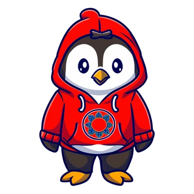 penguin wearing a red paisley pattern hoodie sticker