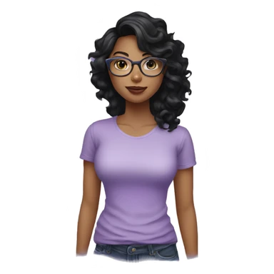  woman with long black wavy hair, fair skin, big lips, wearing lilac t shirt and glasses sticker
