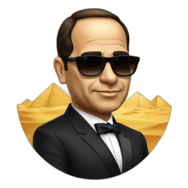 Satirical cartoon Egyptian President Al Sisi in a tuxedo wearing sun glasses with egyptian flag sticker