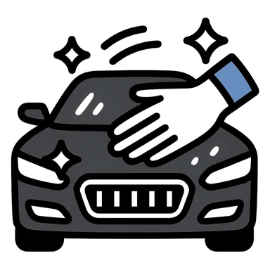 elegant hand with white or black glove on the hood of a high-end car, water drops or shine, main color black with silver or white details, smooth motion lines suggesting cleaning, modern and clean icon sticker