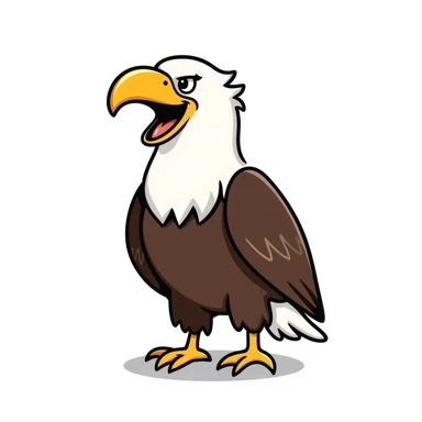cartoon bald eagle with open beak from front view, white head, yellow beak, brown body sticker