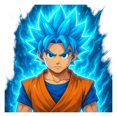 Add a glowing blue power-up aura around the spiky-haired anime hero. Keep the background transparent. The style should resemble a vibrant anime illustration with dynamic blue glowing effects around the character's hair and body. sticker