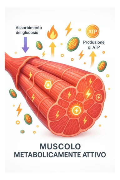 a highly detailed cross-section of human skeletal muscle fibers, shown in vibrant red and pink tones, with visible striations and realistic texture. Glowing arrows and animated icons represent active metabolic processes—such as glucose uptake, fat oxidation, and ATP production—occurring within the muscle tissue. Surrounding the muscle, floating symbols for mitochondria and energy highlight its metabolic activity. The background is clean and clinical, with subtle labels and infographics explaining that muscle is a metabolically active tissue. The overall style is modern, scientific, and visually engaging, suitable for educational or medical use. in italiano sticker