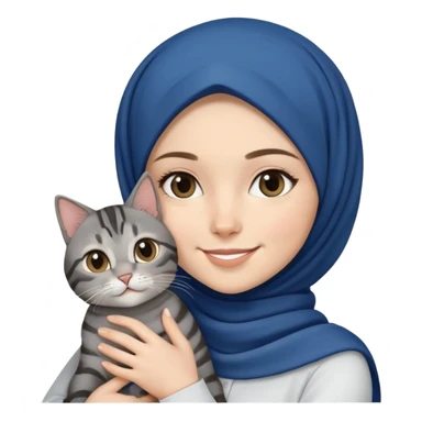 White girl wearing dark blue hijab with white shirt smiling while holding a black grey tabby cat sticker