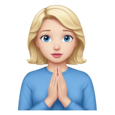 Girl Blonde short wavy hair,  blue eyes, cute blue top, long lashes, pink lips, praying hands sticker