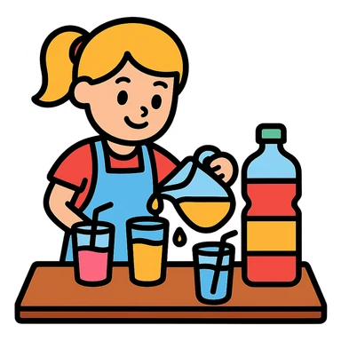 cartoon girl preparing cold drinks and juices on a table, bright colors sticker