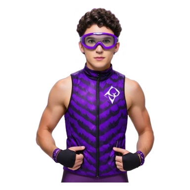 male athlete with white skin and moderately curly dark brown hair on top with shaved sides, wearing ski goggles with purple frames and very dark black lenses, a simple plain black chain necklace, and a completely unzipped sleeveless vest with purple and black sequin fire pattern design with no logo, fully revealing his chest, shoulders and arms, no earrings sticker
