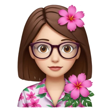 female with white skin. Shoulder length straight brown hair. Brown eyes with glasses. Hawaiian Flower in hair sticker