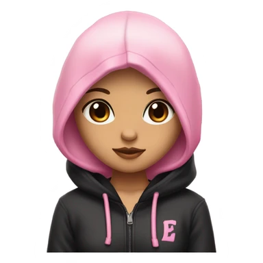 woman with tan skin, dark brown eyes, short neck length wolfcut, brown hair with pink only in the front, black hoodie with black hood on, emo, alt, e-girl sticker