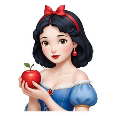 Cinematic Realistic Snow White Portrait, depicted with lifelike skin texture, soft natural lighting, and intricately detailed black hair styled with a red ribbon. Her soft brown eyes radiate innocence and kindness, complemented by a warm, gentle smile. She holds an apple in one hand, her other hand resting against her cheek, embodying her purity and charm. She is dressed in her classic yellow, blue, and red gown, the fabric rich in texture with delicate folds that catch the light beautifully. The portrait features a soft, natural glow with a radiant finish, capturing the essence of timeless beauty in a realistic and painterly style. sticker