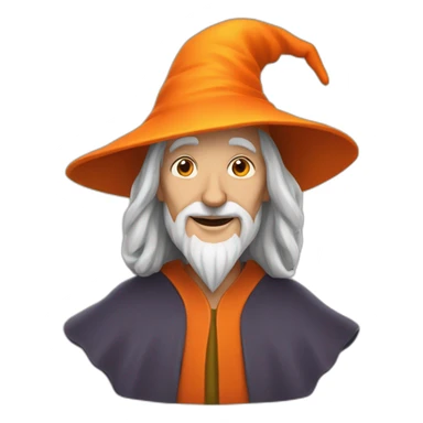 portrait of a wise wizard smiling, Merlin style, with an orange hat sticker