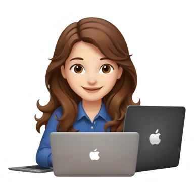 Sitting in front of a laptop in the style of a cute female developer. Not wearing glasses, smiling with long hair waves. Early 20s
 sticker