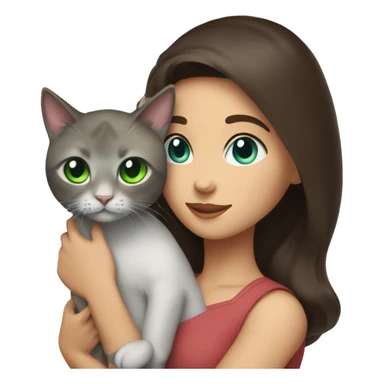 A brunette girl with green eyes holds a cat with blue eyes in her arms sticker