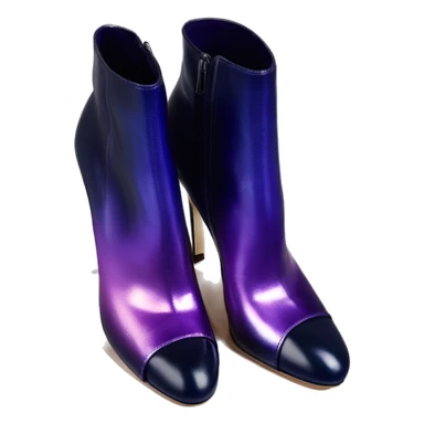 Real isolated top view of a pair of metallic dark navy to dark purple ombre Jimmy Choo stiletto peep toe ankle bootie boots.  sticker