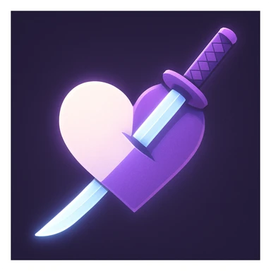 A stylized katana piercing through a heart, heart divided diagonally (white/purple), clean graphic style, soft contours, luminous effect on the blade, aesthetic and harmonious rendering. sticker