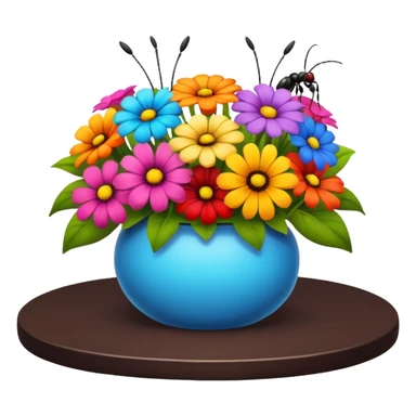 a table with a bouquet of flowers on top and an ant underneath sticker