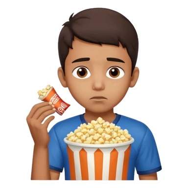 an indian boy wearing indian cricket jersey and eating popcorn and looking sad sticker