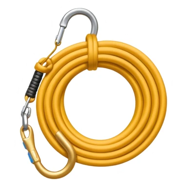 A 3D cartoon coiled climbing rope with a carabiner, golden color, resting on a rocky surface, realistic soft shadows, Memoji-style rendering. sticker