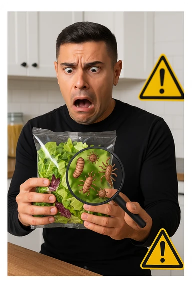 a man holds a bag of salad with both hands, his face frozen in shock as he looks at the contents. Inside the bag, exaggerated but realistic depictions of parasites and bacteria are visible, some highlighted with a magnifying glass overlay. The background is a clean kitchen, and a warning sign appears in the corner to reinforce the message about food safety. sticker