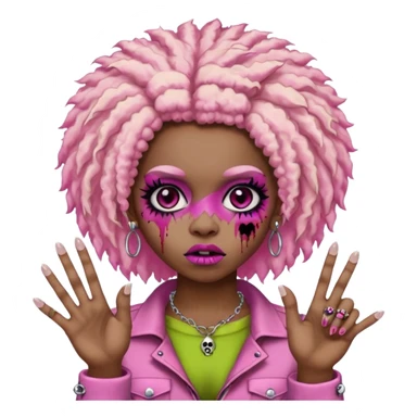 girl, zombie,pink and blonde afro, medium long, emo, shaggy, dark, spooky,double eyebrow dermal piercing, two fingers up sticker