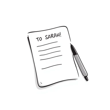 a paper letter with "TO SARAH" text written at the top of the letter, with a pen lying next to it sticker