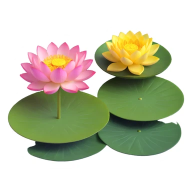 Elegant lotus flower with pink petals, yellow center and circular green lotus pad in water sticker