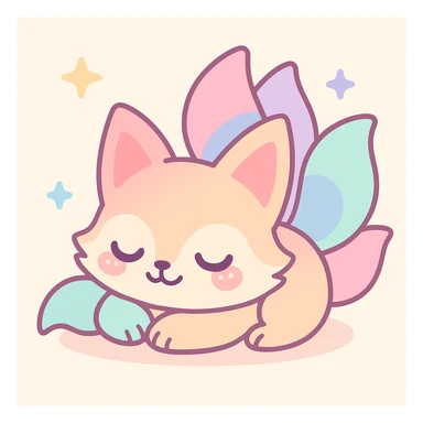 sleeping kitsune with multiple tails, cozy and cute, cartoon style sticker