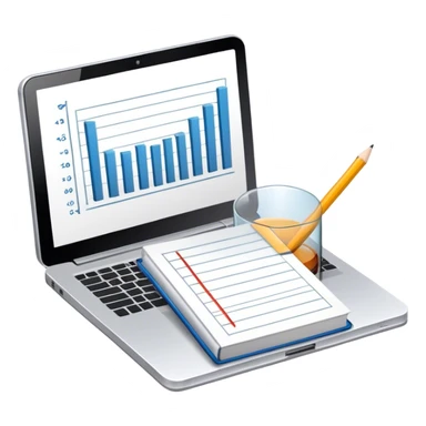 Icon for Business Reading: a prominent book at the forefront, laptop and notepad around it, along with a bar graph and symbolizing ideas and growth. The icon should represent the knowledge and strategy of business literature. Transparent background. sticker