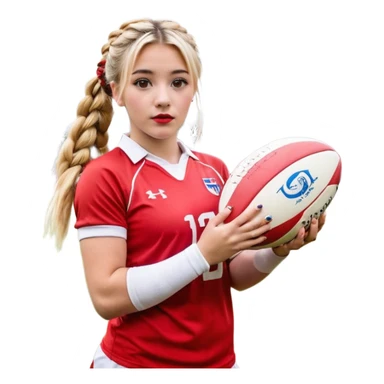 Chica de pelo rubio tirada en el suelo boca abajo agarrando un balón DE RUGBY con las manos vestida con una equipación de color rojo y blanco con líneas y con unas botas de tacos de fútbol, con un bucal en la boca y el pelo con trenzas, se la tienen que ver las 2 piernas  sticker