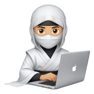 Ninja wearing white cloth working with laptop sticker