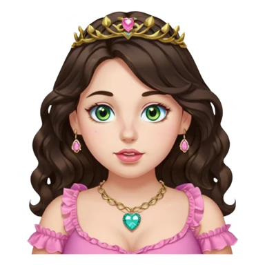 Girl girl with long wavy dark brown hair with middle part, centralized heterochromia blue green gold eyes, plus size, pink frilly top, right nostril gold nose ring, small pink heart crystal necklace  sticker