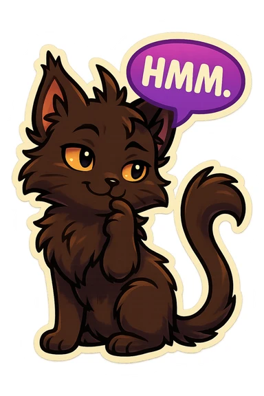 a dark-brown fluffy cute kawaii anime cat with tufted ears and a long thin tufted tail, thinking, smirking thoughtfully, saying “Hmm..” with a purple speech bubble, (cartoon style) (furry style) (deviantArt style) (artist style: Kamirah) sticker