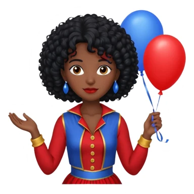 woman with curly black hair and dark face red costume, holding blue balloon sticker