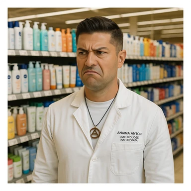 Create a realistic image of a man with the face and appearance of the person in the reference photo, standing in a supermarket. The man has a displeased expression in front of shelves filled with chemical cosmetic products for skin and body (creams, lotions, etc.). The man looks annoyed, as if thinking these products should be abolished. The tone is realistic and communicative. sticker