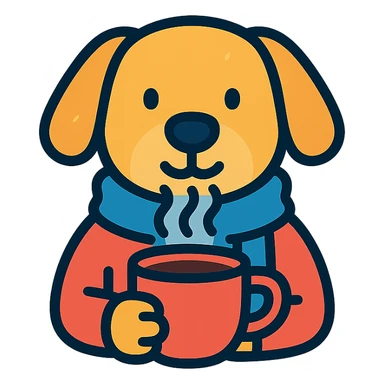A dog drinking a cup of coffee, outside is cold sticker