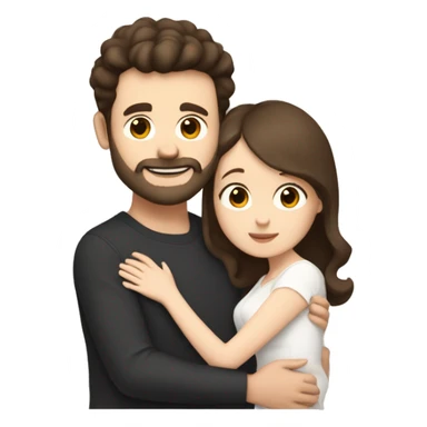 Young white man with short dark brown hair with a small beard hugging his white wife with dark brown hair and both of them hugging a beige and white Pomeranian  sticker