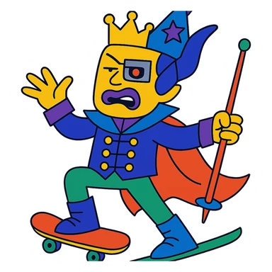yellow guy showing off his fabulous outfit combining prince, alien, terminator, skater, skiier, and wizard elements, making a weird face, stylish and fabulous sticker